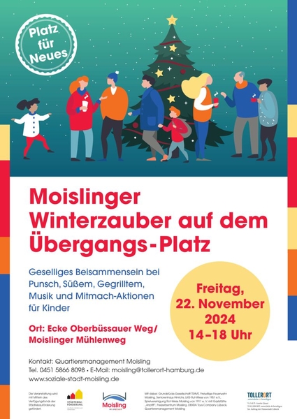 Plakat zum Moislinger Winterzauber, Einladung zum geselligen Zusammensein am 22. November 2024 von 14 bis 18 Uhr auf dem Übergangsplatz in Moisling (Ecke Oberbüssauer Weg/Moislinger Mühlenweg).  