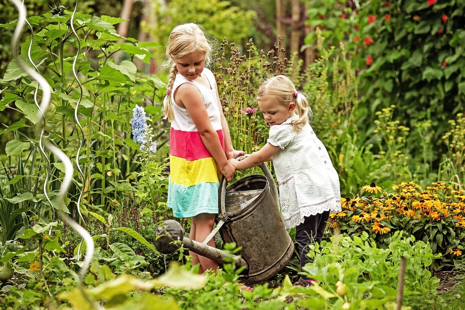 Ein schöner Garten, ein Mädchen (ungefähr 8 Jahre alt) und ihre kleine Schwester fassen beide an eine alte Zinkgießkanne an und gießen die Pflanzen.