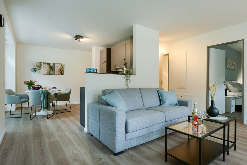 Heller Wohnbereich der Gästewohnung mit offener Küche, Essplatz, Schlafsofa und Blick ins Schlafzimmer.