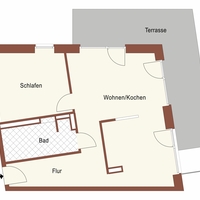 Grundriss der Gästewohnung in der Elbingstraße Grundriss einer Gästewohnung mit Flur, Bad, Schlafzimmer, Wohn- und Kochbereich sowie Terrasse.