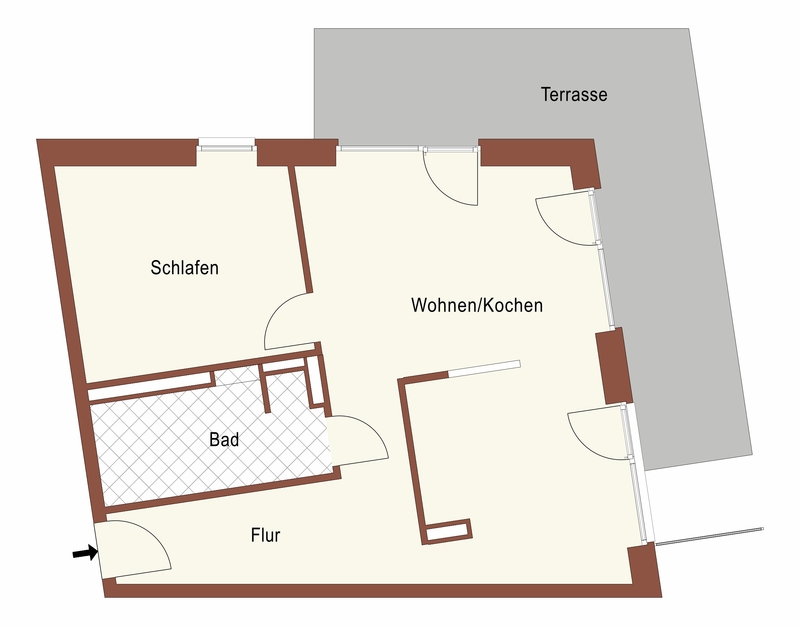 Grundriss einer Gästewohnung mit Flur, Bad, Schlafzimmer, Wohn- und Kochbereich sowie Terrasse.